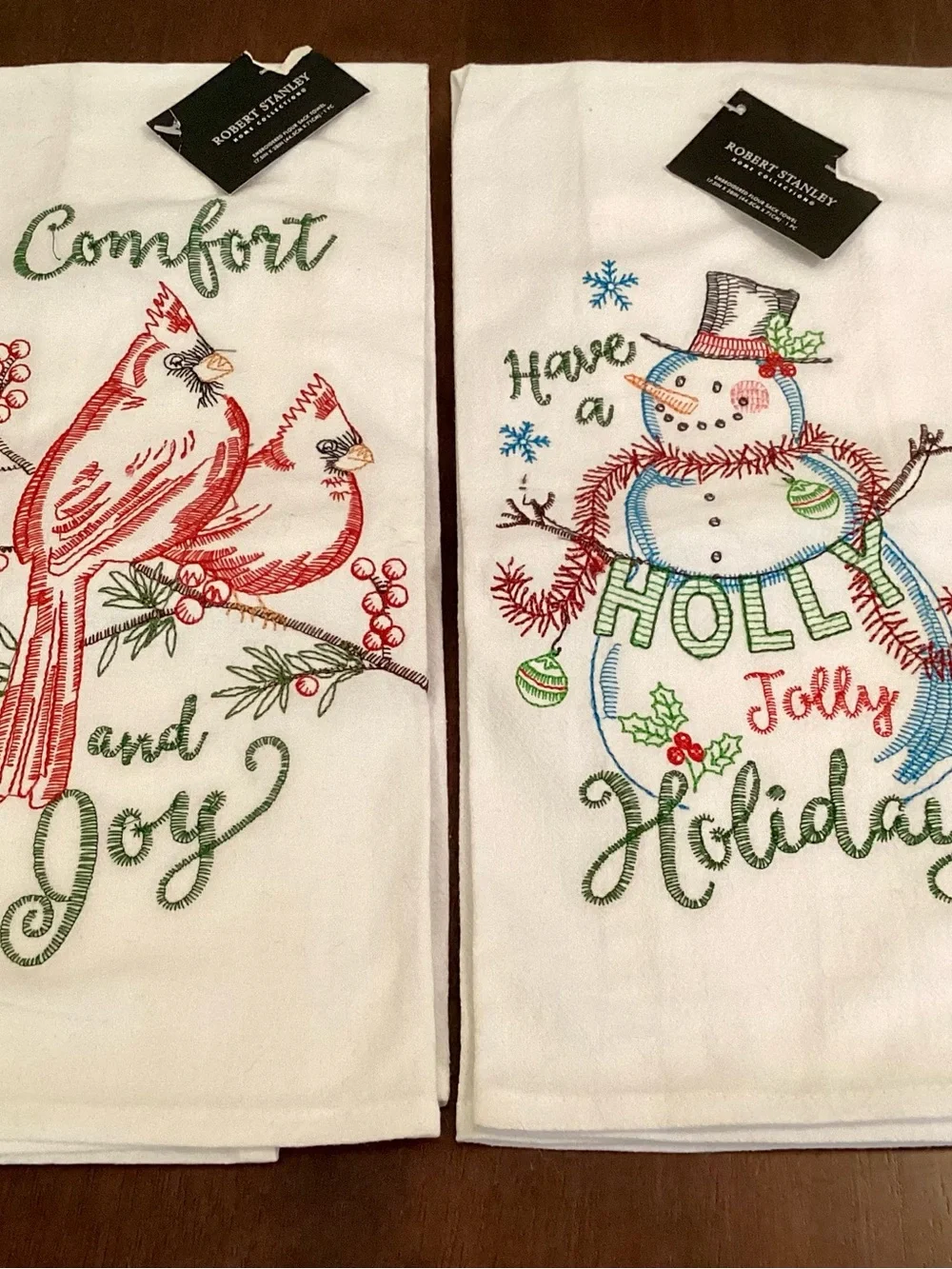 Red Cardinal & Snowman Holiday Tea Towels - Set of 2